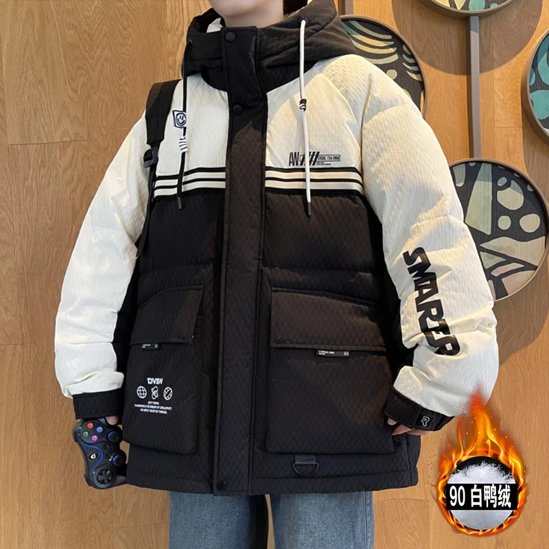 男生冬季白鸭绒加厚保暖连帽羽绒服青少年学生宽松休闲帅气外套潮