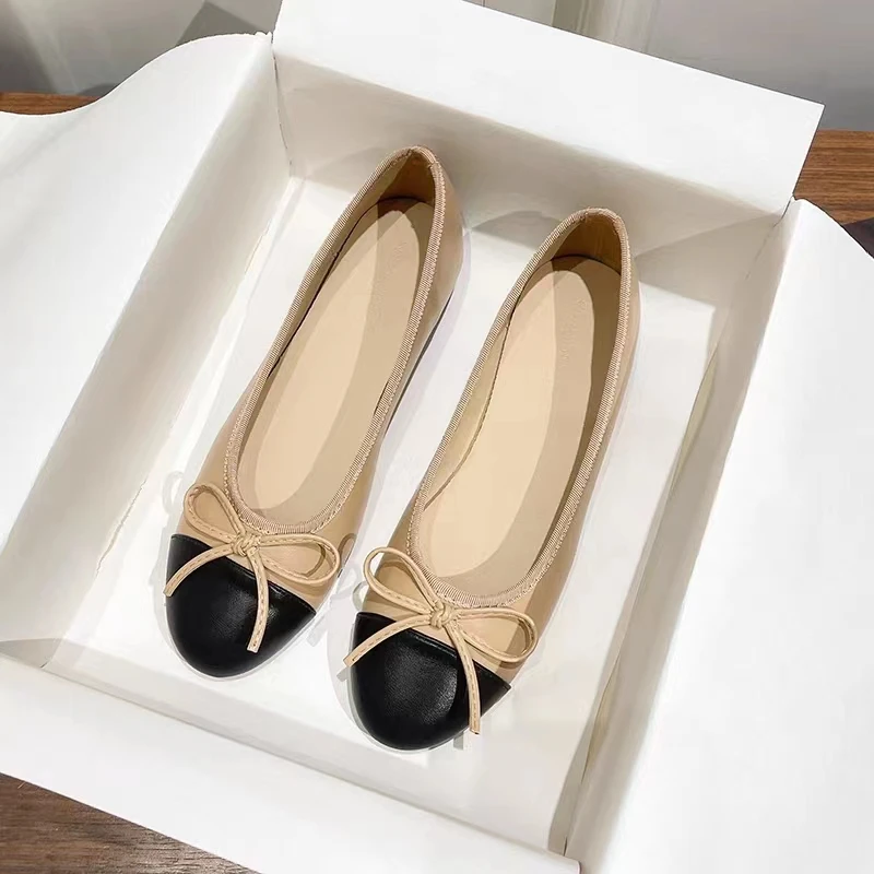 小香风可爱矮跟平底鞋拼色拼接蝴蝶结时尚晚风休闲浅口单鞋