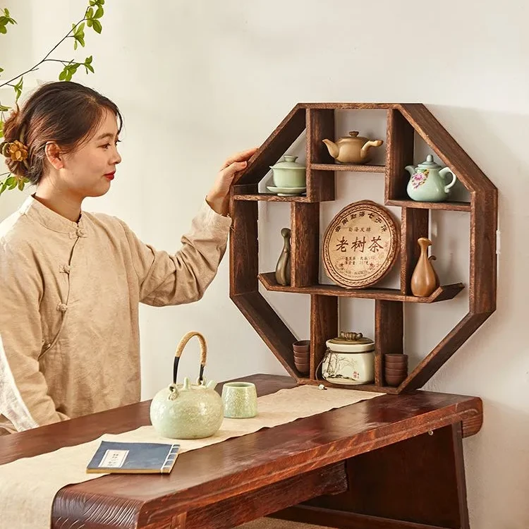 博古架实木中式多宝阁小紫砂壶收纳架茶具茶杯架茶架壁挂展示架子
