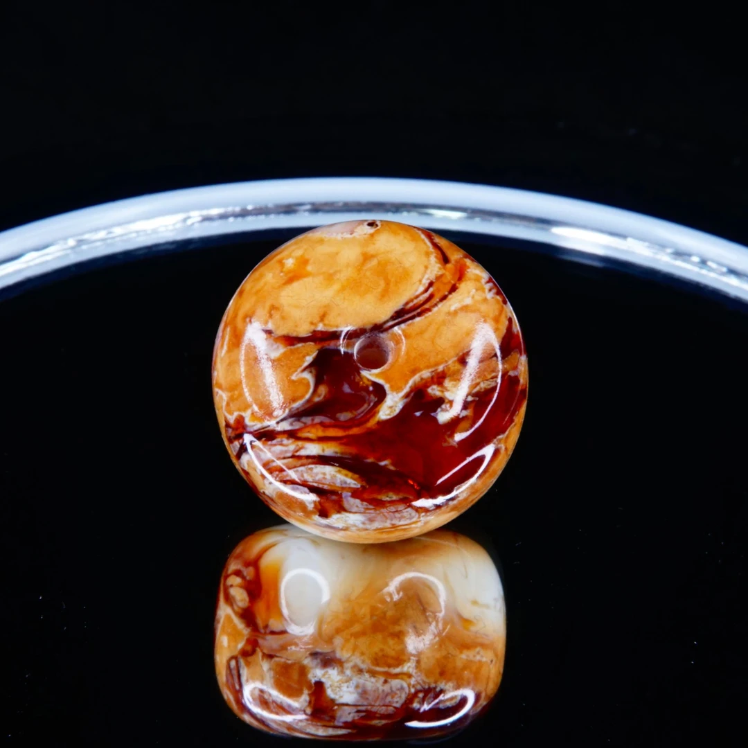 天然琥珀蜜蜡 19mm瓷白满蜡红沁妖花老型墩 精工手作精品文玩配饰