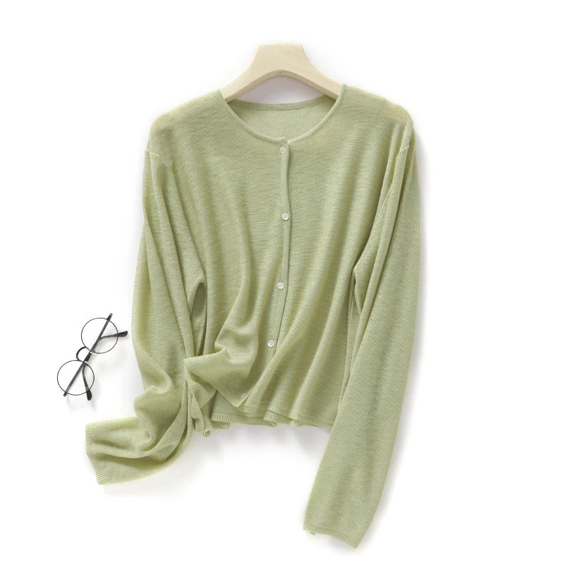 亚麻竹节麻针织开衫女薄款圆领冰丝外套宽松外搭披肩防晒空调衫夏