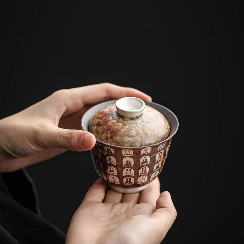 万佛敦煌盖碗老岩泥鎏银手工拍釉150ml