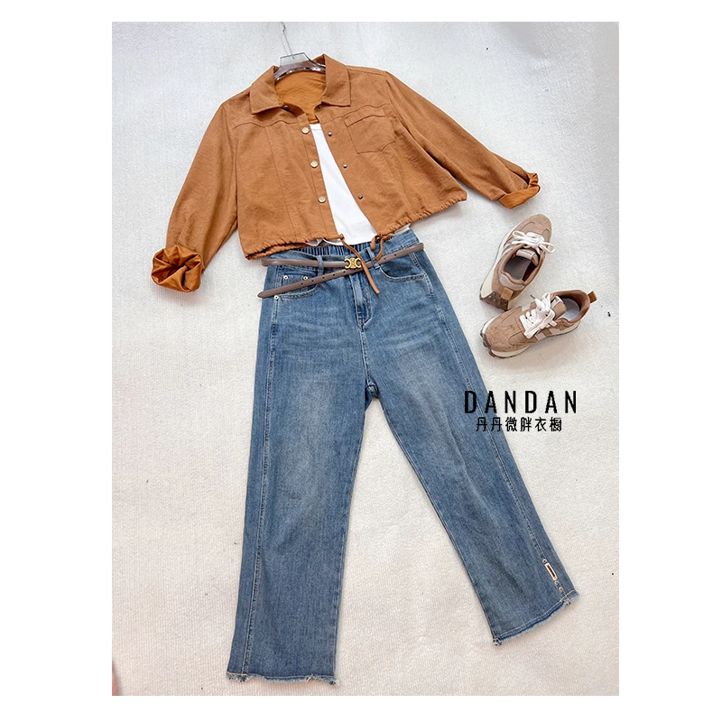 丹丹微胖【瘦腿指南】秋季新款毛边复古高腰显瘦九分直筒窄版牛仔裤