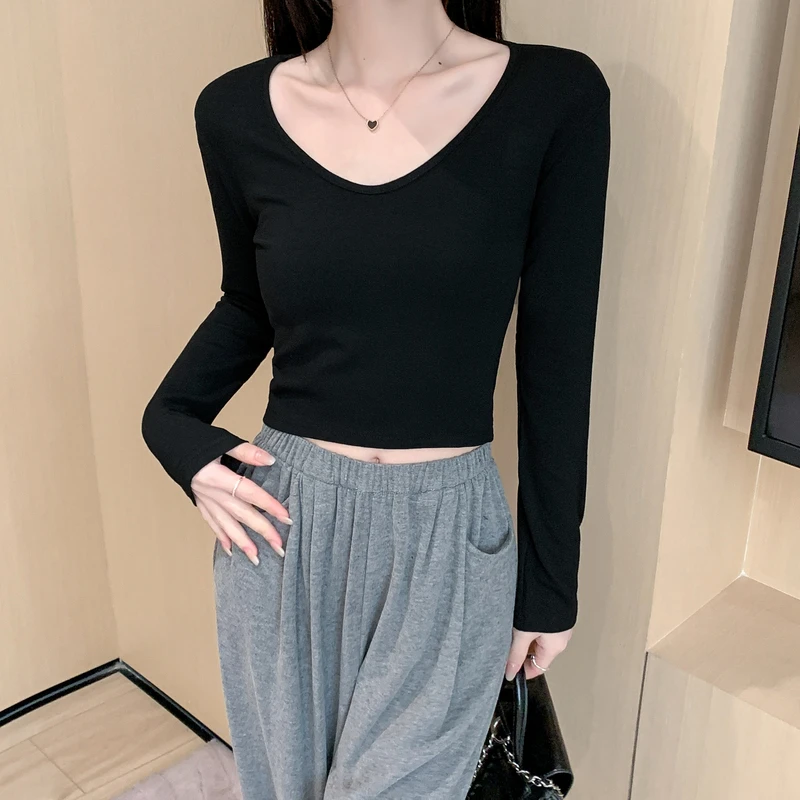 年谜短款U领t恤女长袖有弹秋季2024年修身显瘦内搭纯色上衣透气
