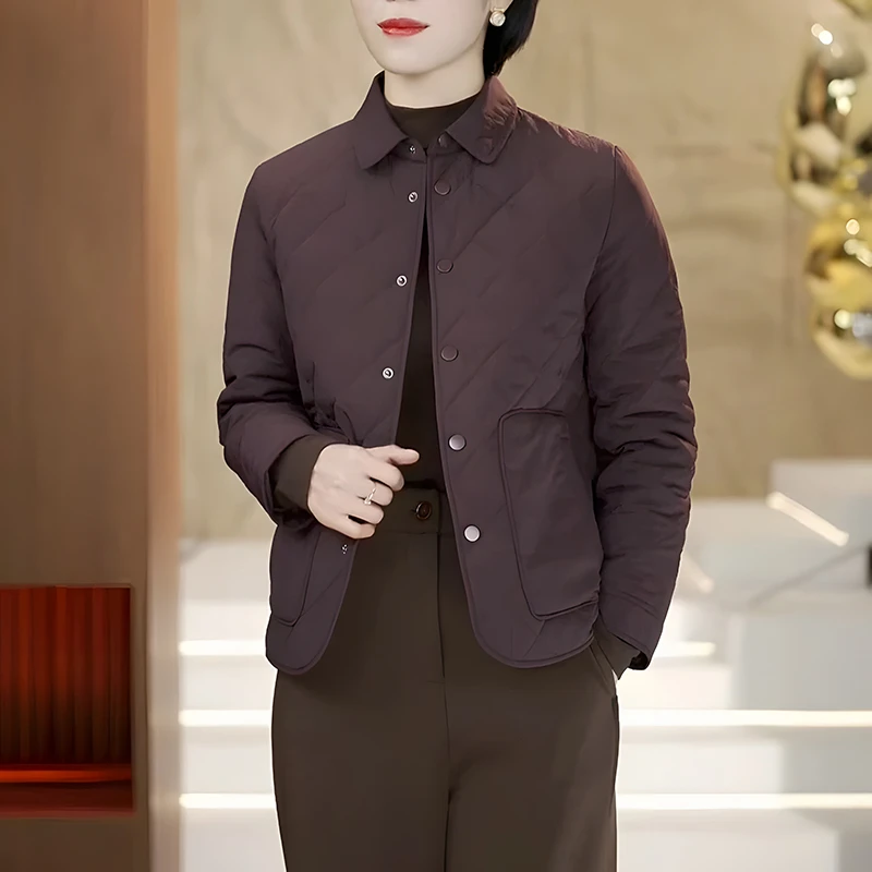 时尚美拉德色系翻领纽扣开衫棉服女复古洋气时髦长袖棉袄保暖外套