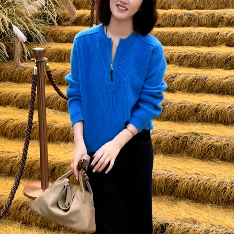 韩系减龄针织衫女春季新款圆领半拉链长袖毛衣高级感洋气显瘦上衣