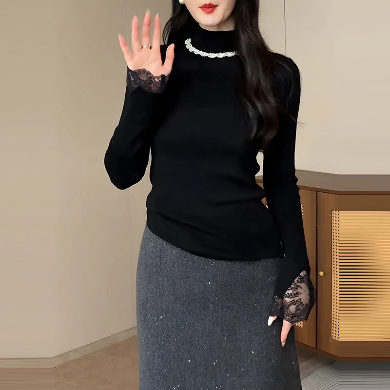 春季新款半高领镶钻设计高级感打底衫袖口蕾丝拼接假两件内搭上衣