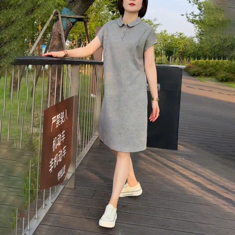 2025夏季减龄洋气纯色韩版连衣裙女高级感休闲polo领时尚短袖裙子