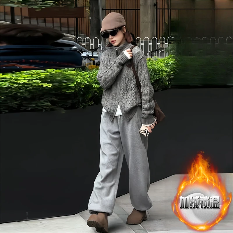 韩系慵懒风一整套穿搭高级感长袖毛衣开衫加绒保暖保暖休闲裤套装