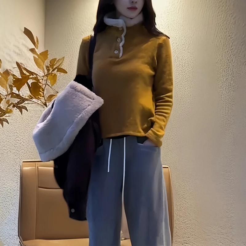 春季新款时尚女装设计感洋气羊羔绒半开领长袖卫衣显瘦时髦上衣潮