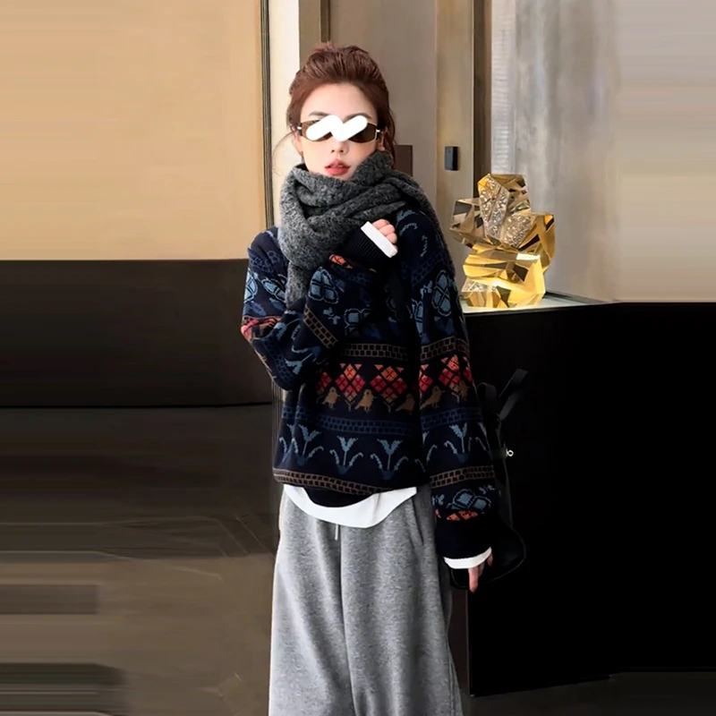 针织衫女春季新款设计感小众复古时髦花纹套头毛衣显瘦高级感上衣