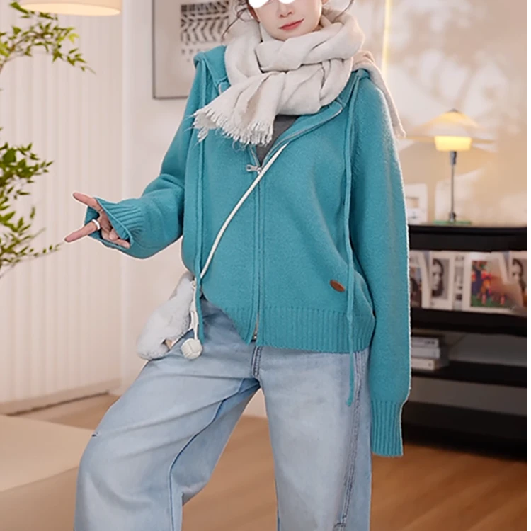 韩版复古慵懒风拉链连帽针织衫女春季新款宽松休闲显瘦开衫上衣潮