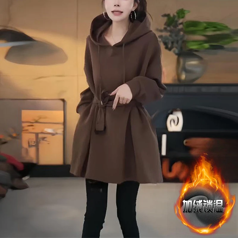 冬季新款时尚女装美拉德复古连帽长袖卫衣收腰显瘦加绒中长款上衣
