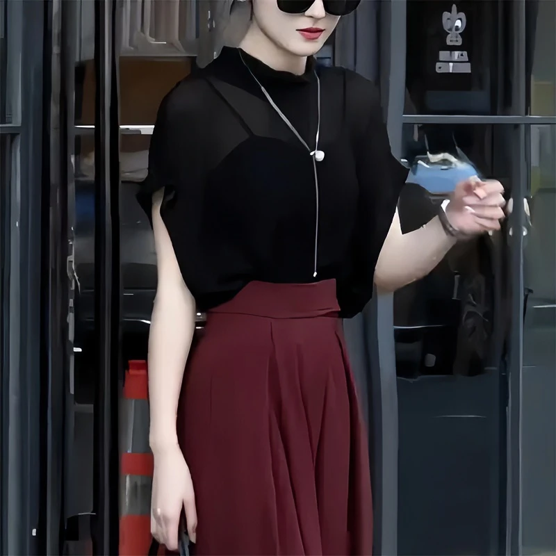 夏季新款轻熟风衬衫女设计感洋气薄款微透半高领小衫宽松显瘦上衣