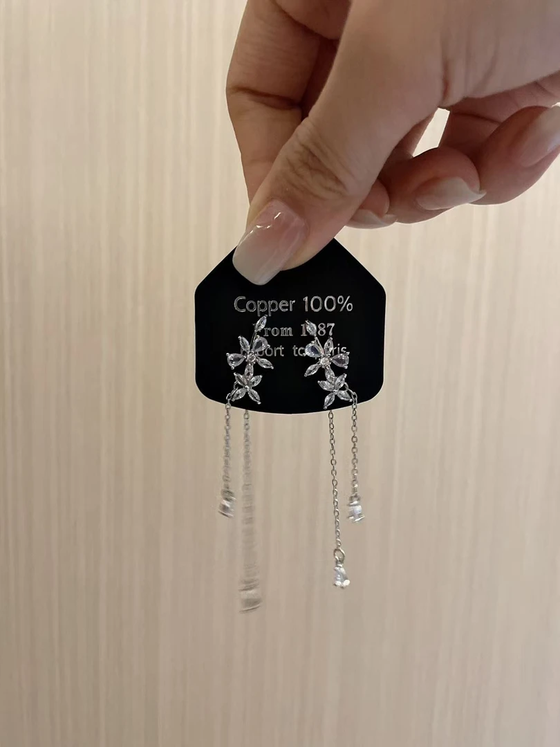 黄铜陶瓷耳饰 S925银针流苏长款高级感花朵耳钉女时尚通勤耳饰