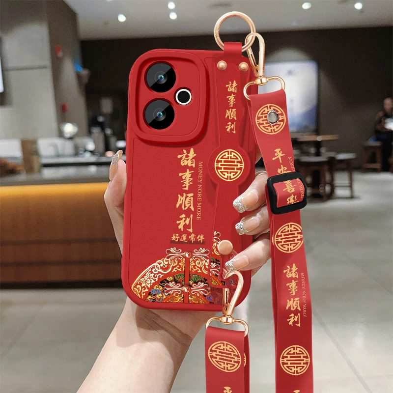 诸事顺利红米turbo3手机壳新款小羊皮硅胶全包斜挎腕带全包保护套