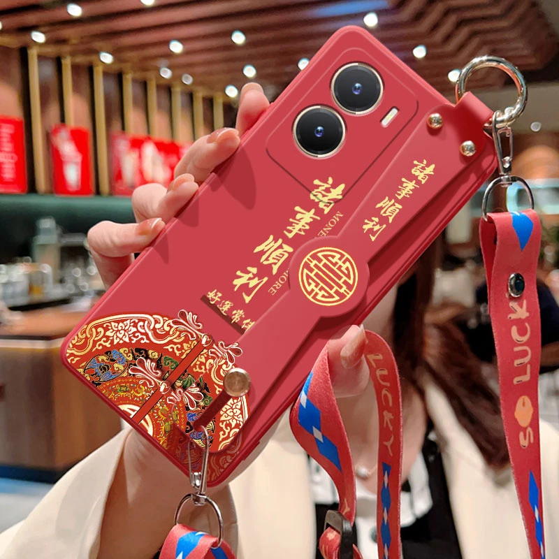 vivoy35手机壳新款vivoY35诸事顺利斜挎腕带挂绳液态y35m硅胶软壳