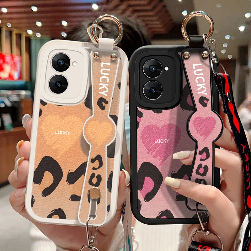 realme真我v30手机壳新款女realmev30t斜挎腕带豹纹爱心小羊皮硅