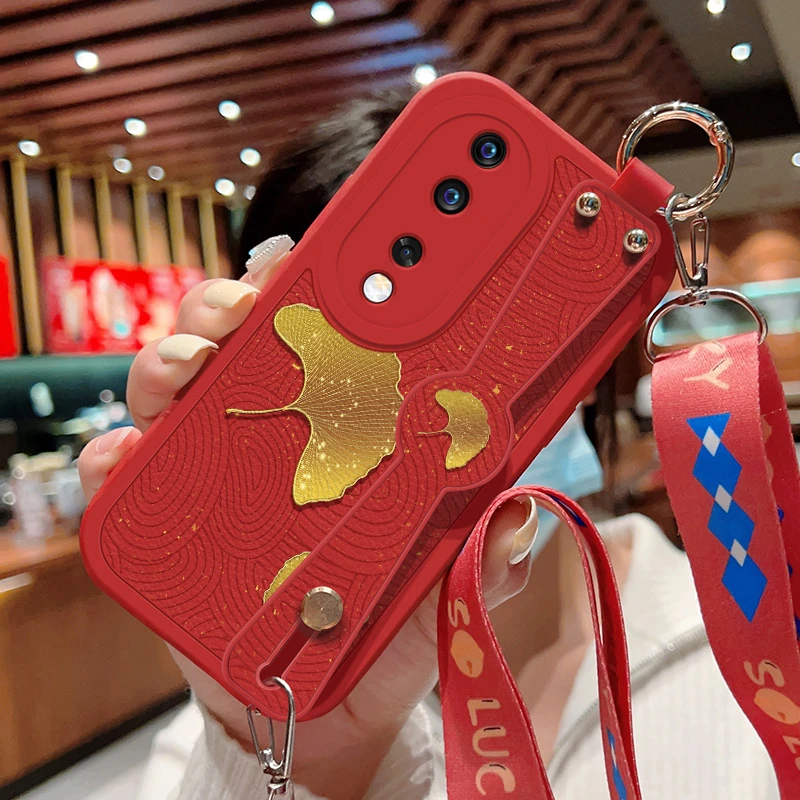 华为荣耀80手机壳新款女80se斜挎腕带银杏叶小羊皮80pro硅胶软壳h