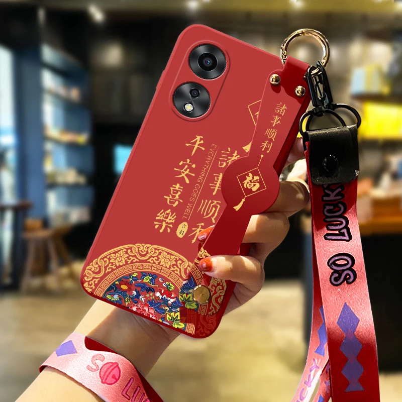 oppoA58手机壳女款红a58腕带诸事顺利液态硅胶软壳OPPO镜头全包防