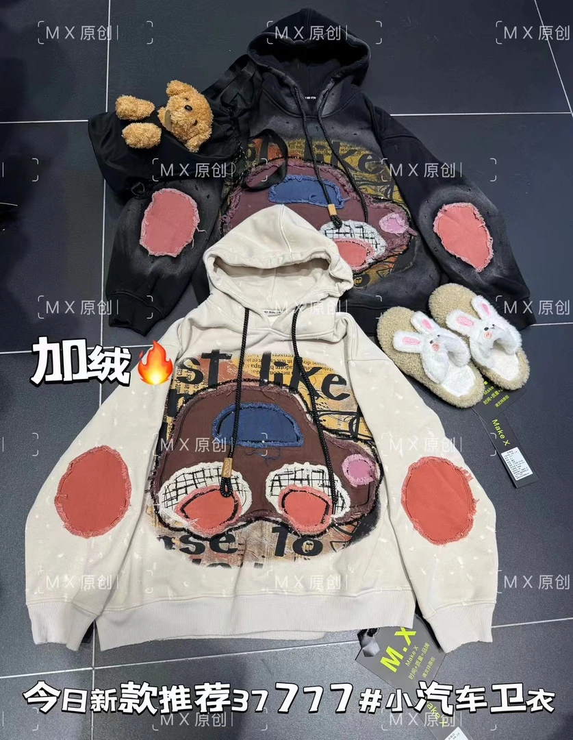加绒连帽做旧褪色卫衣潮流宽松美式复古ins冬季拼接印花