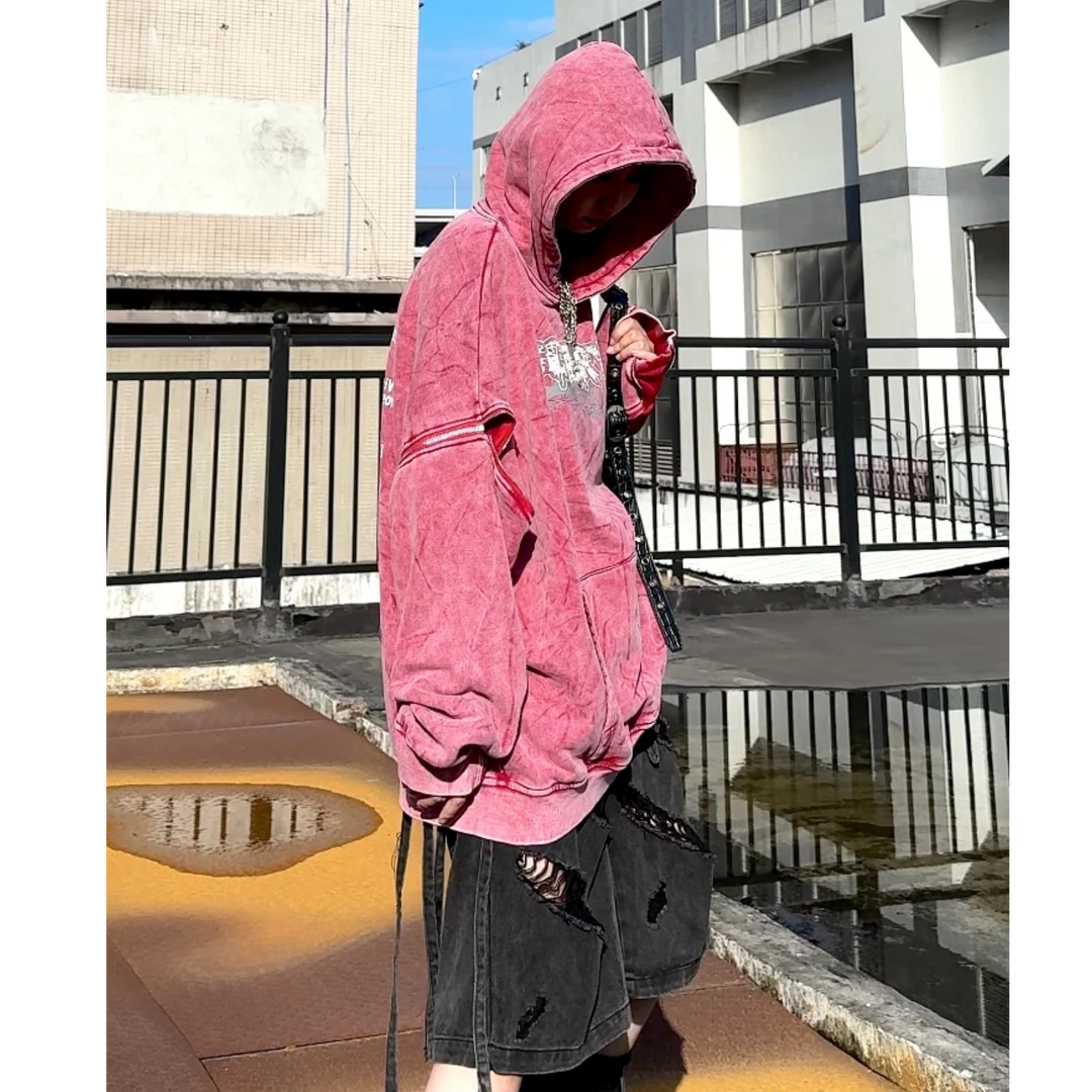 冬款加绒质感新工艺重工酸洗炒色做旧拉链可拆卸连帽卫衣