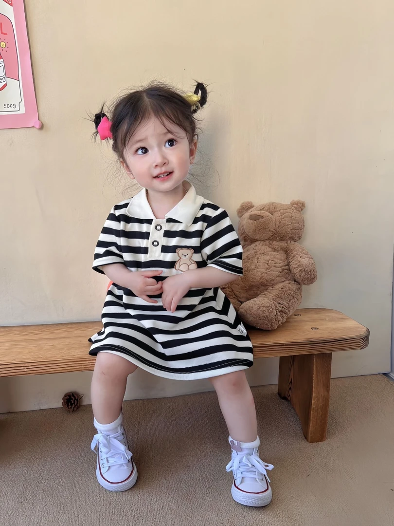 女童连衣裙2024新款中小童黑白条纹裙子薄款夏装女宝短袖洋气夏季