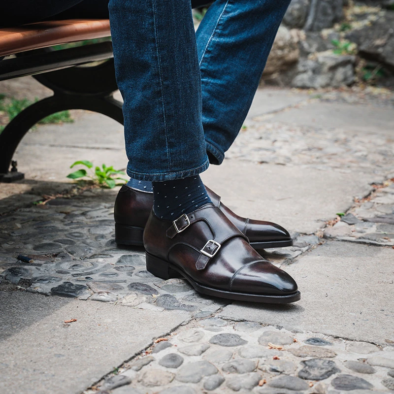 意大利Antonio Meccariello手工固特异孟克僧侣皮鞋 商务搭扣鞋男