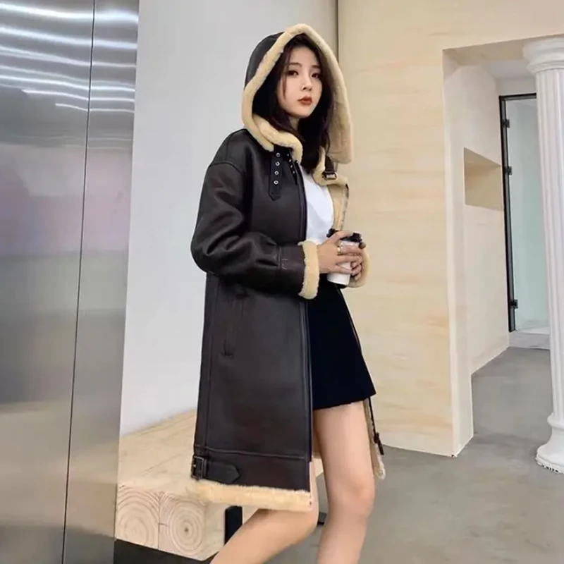 女款冬季加厚保暖中长款真皮真毛时尚休闲外套