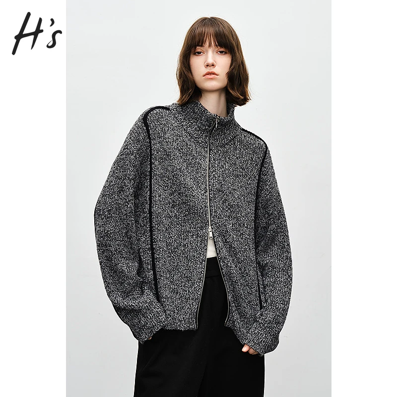 HS羊毛混纺针织开衫女2024冬季新款宽松拉链设计感气质外套上衣