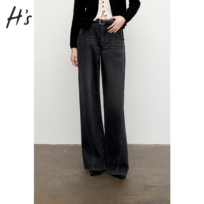 【商场同款】HS时髦牛仔宽松直筒裤2024冬新款通勤长裤112410118018