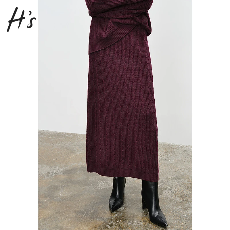 HS安可拉红时髦羊毛针织裙24冬女装直筒裙子