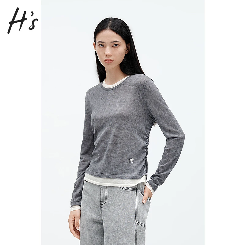【商场同款】HS假两件套头针织衫2024秋新款抽褶长袖女112408202209