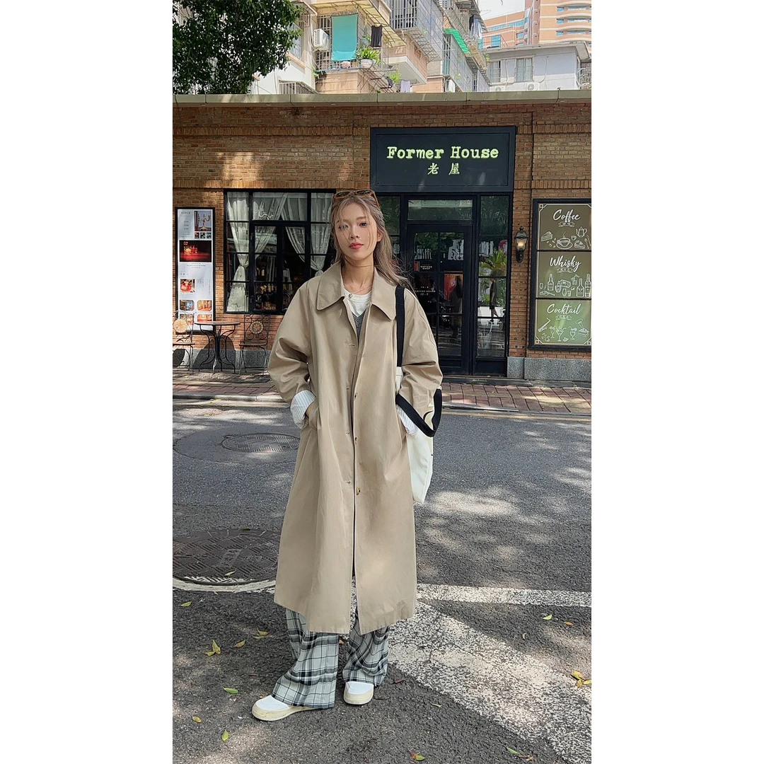 韩版英伦风翻领拼色袖口百搭中长款风衣女秋冬宽松休闲长外套大衣
