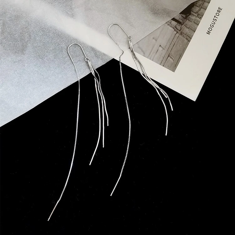 925银耳饰 通体S925纯银蛇骨流苏防丢耳线百搭长耳环女生时尚饰品