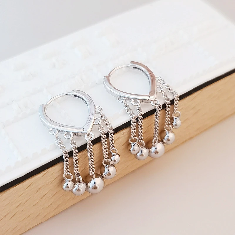 925银耳饰 时尚潮流S925纯银耳扣圆珠流苏时尚耳环中长款圆球耳环