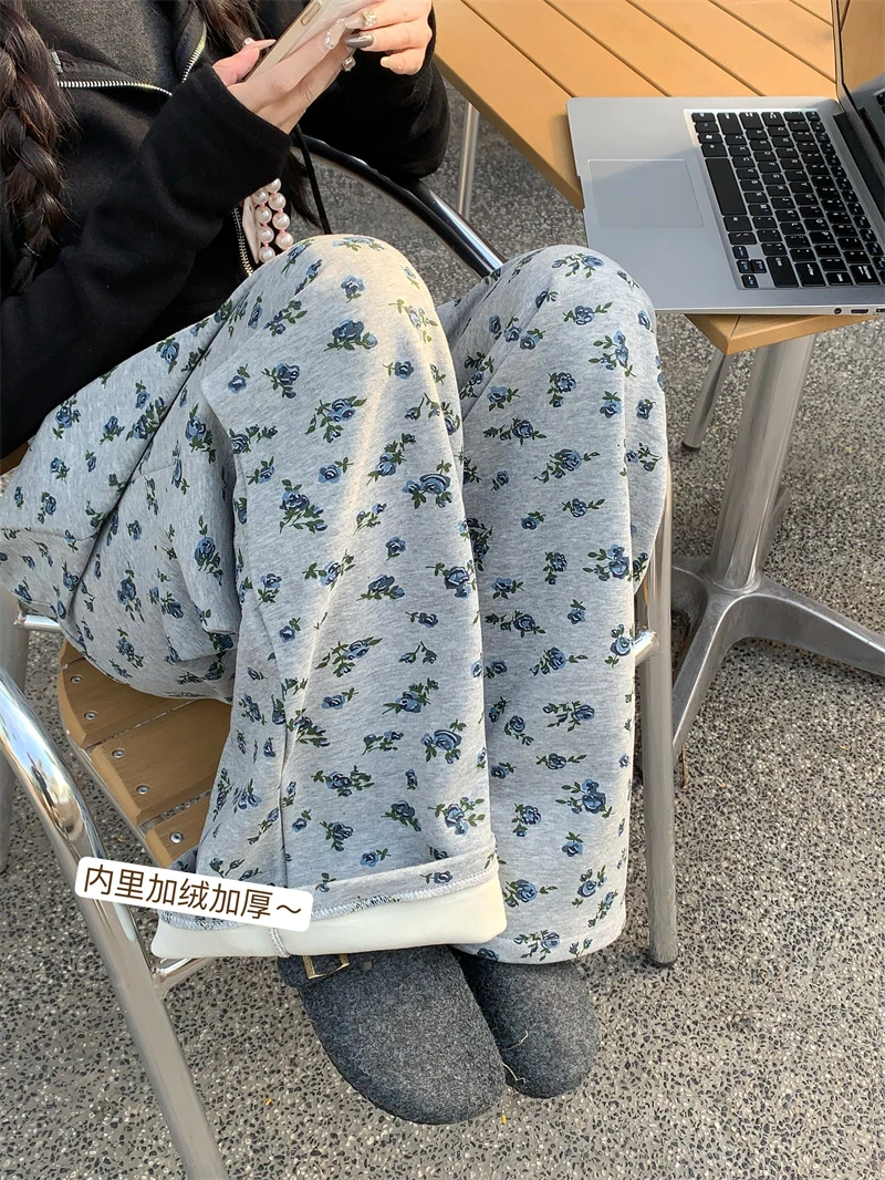 碎花抽绳松紧腰休闲裤女装2024新款宽松加绒加厚阔腿裤拖地裤长裤