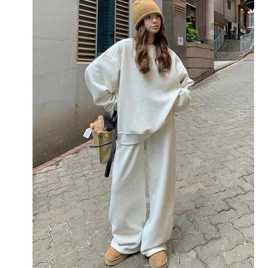 休闲运动套装女加绒秋冬新款宽松慵懒风套头圆领卫衣阔腿裤两件套
