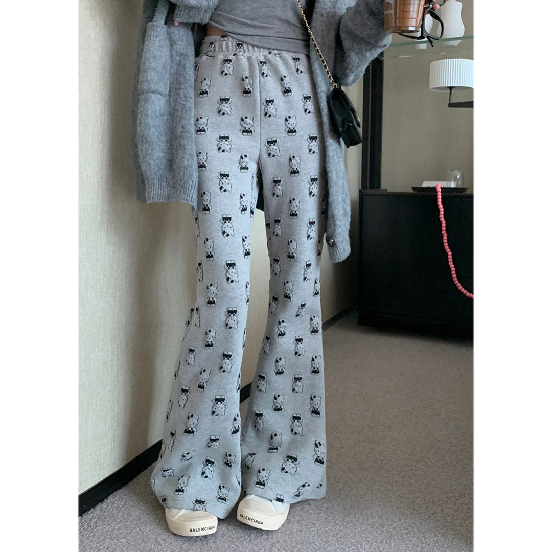 微喇裤~灰色立体kitty猫咪裤女秋冬高级宽松垂感休闲遛弯拖地长裤