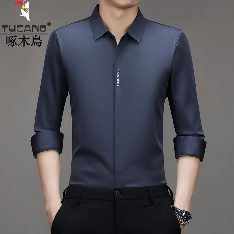 啄木鸟秋冬新款男士高档商务休闲长袖衬衫中青年无痕免烫弹力衬衫