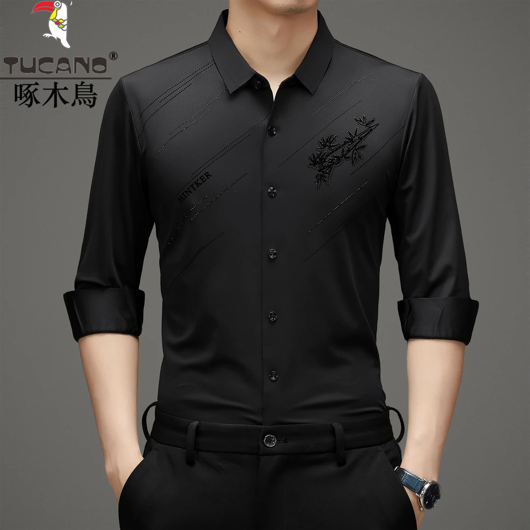 啄木鸟男士长袖衬衫春季新款无痕免烫高弹力休闲透气轻奢印花衬衣