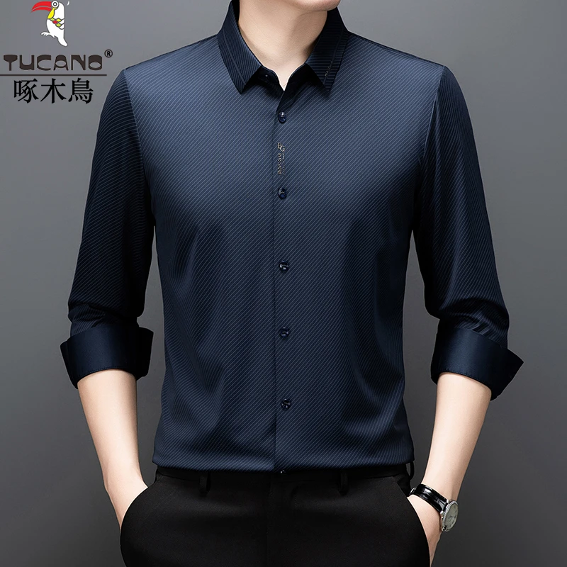 啄木鸟春秋季新款无痕长袖衬衫男士商务休闲轻奢百搭斜条纹衬衣男