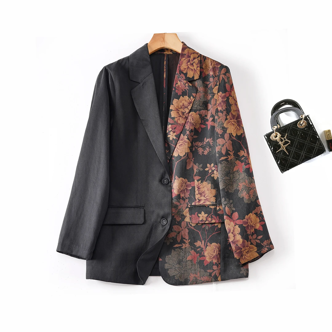 100%桑蚕丝香云纱通勤风九分袖高端女装宽松V领休闲百搭真丝西服