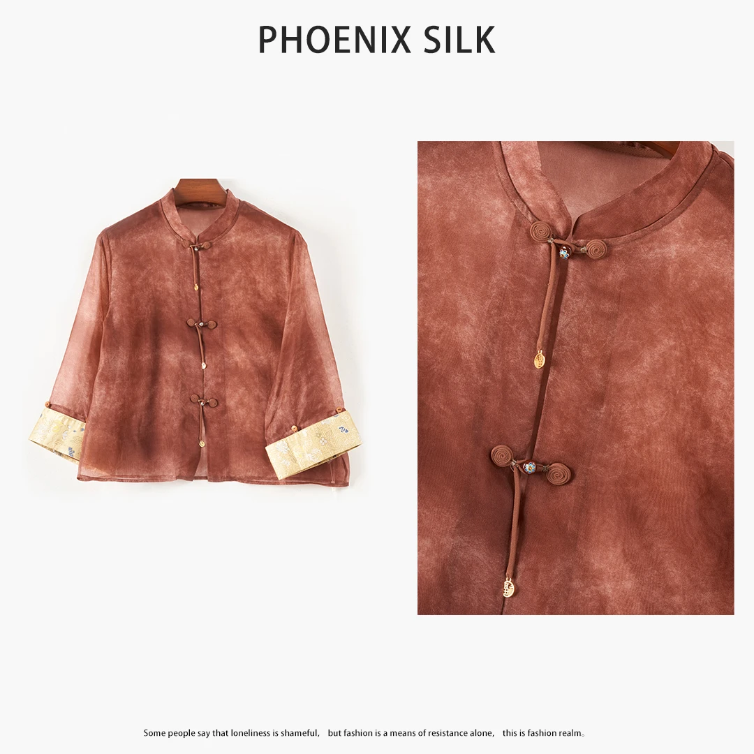 100%桑蚕丝长袖国风女装2024新款盘扣两穿真丝绡上衣
