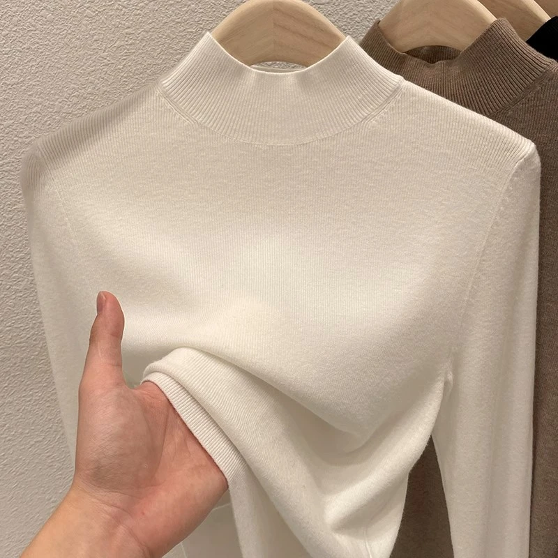 2024秋冬半高领洋气针织衫女内搭打底衫修身气质中领软糯薄款毛衣