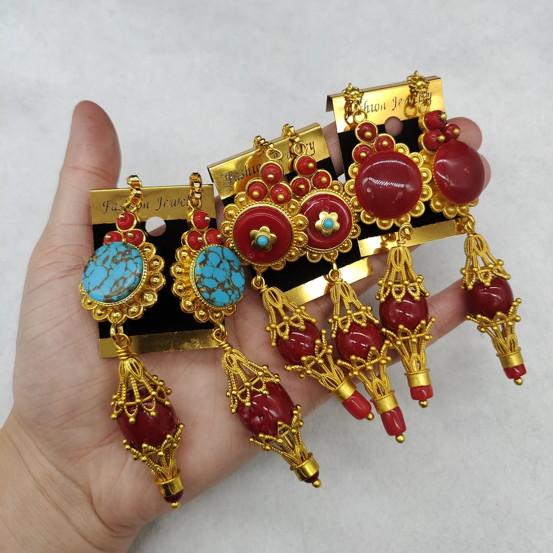 黄铜耳饰 铜合金耳饰藏族镀金耳环民族风红色饰品不掉色