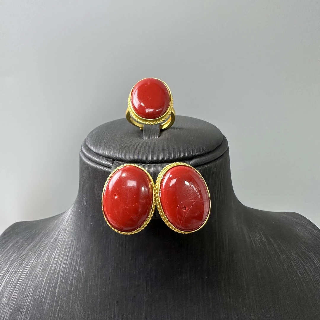 铜合金耳饰 民族风阿卡色石头珠子戒指活口的尼泊尔镀金不掉色