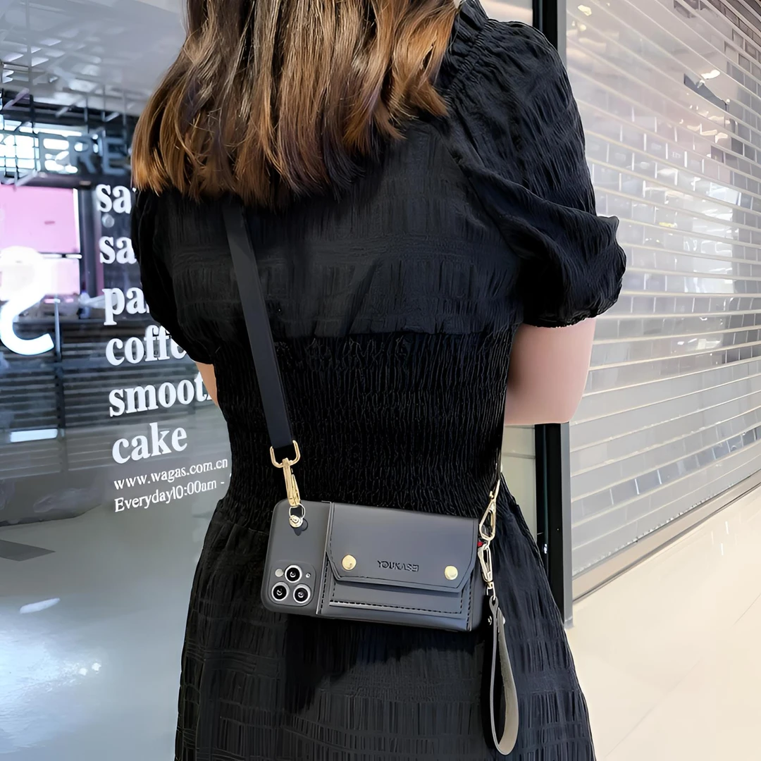 【苹果/华为/VIVO/OPPO】黑色双层零钱包手机壳斜挎挂绳气质软适用