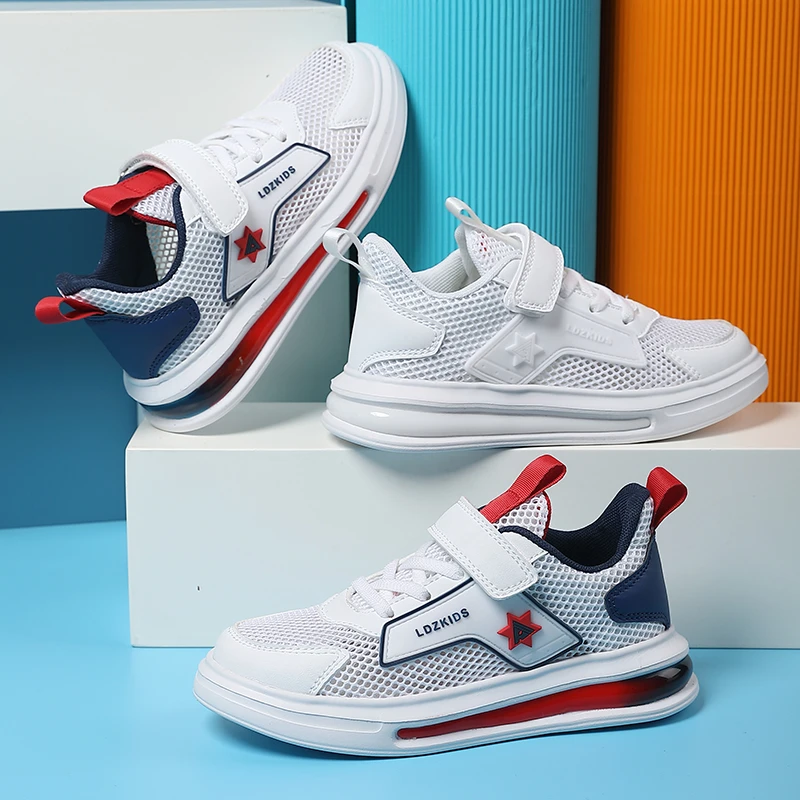龙队长网面28-39校园小白鞋男女童透气运动板鞋2307