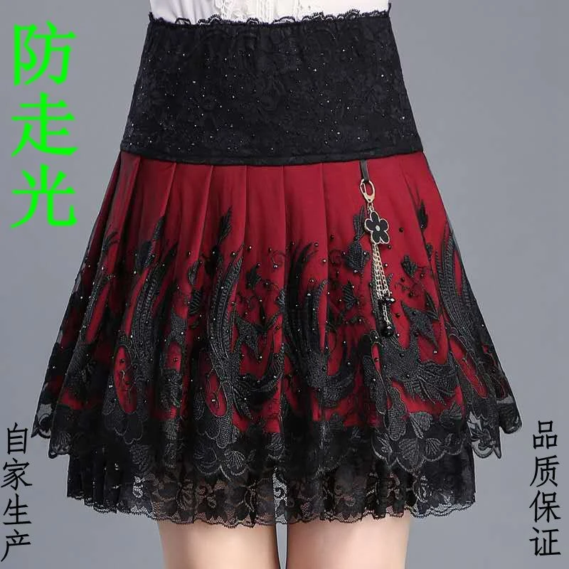 CHANXIU/婵羞蕾丝短裙凤凰绣花钻珠气质高腰蓬蓬a字裙松紧半身裙